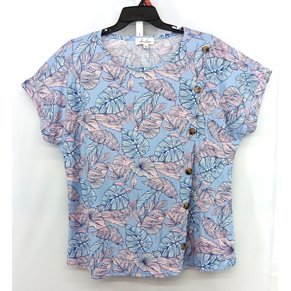 Auneliege Shirt Women Plus Size 3X Blue Floral Dolman Sleeve Button Accent Top